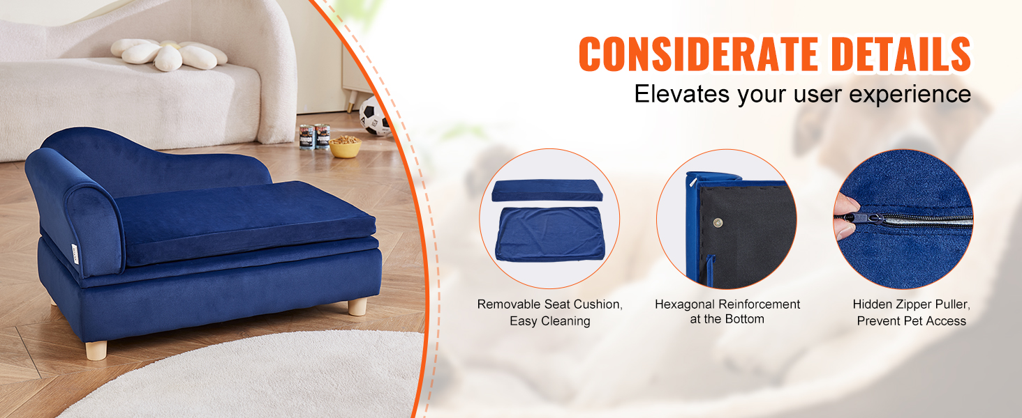 VEVOR pet sofa in blue with removable cushion, hexagonal reinforcement, and hidden zipper puller.