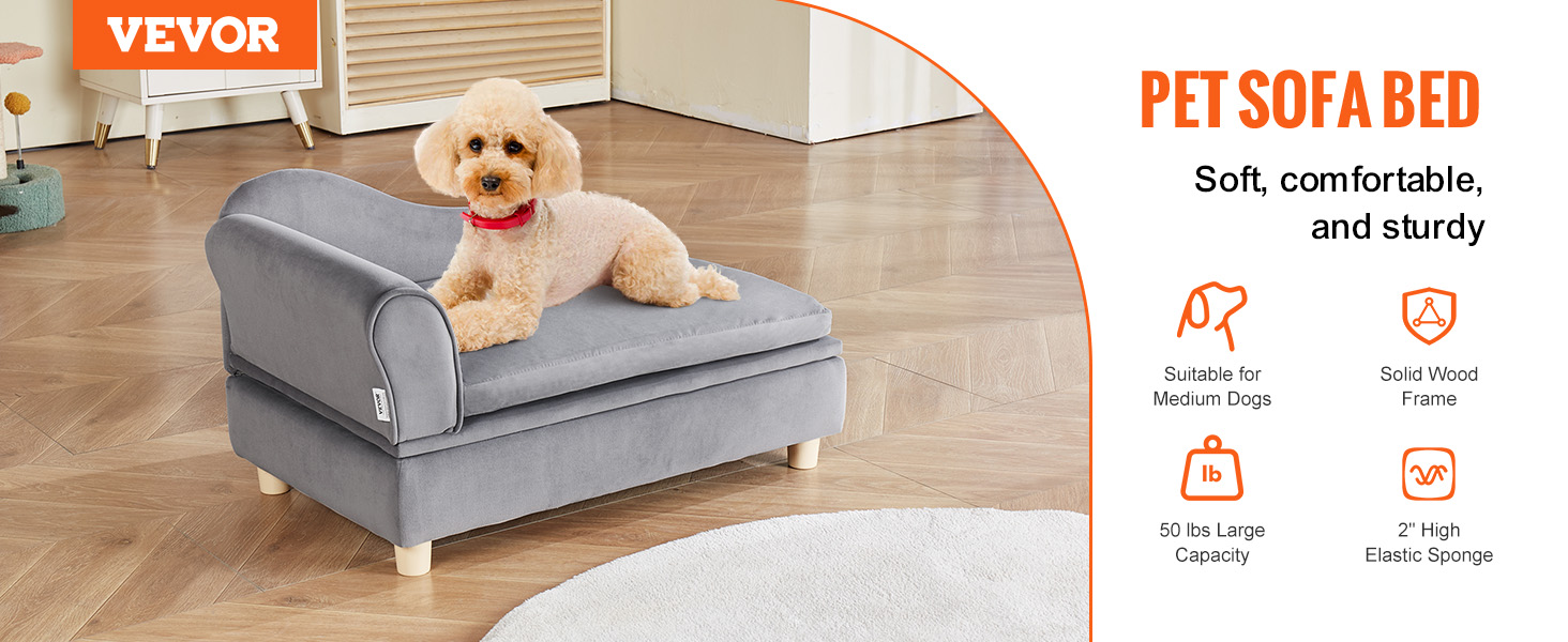 VEVOR pet sofa, soft and sturdy grey sofa bed for medium dogs with an 81 lbs capacity and solid wood frame.