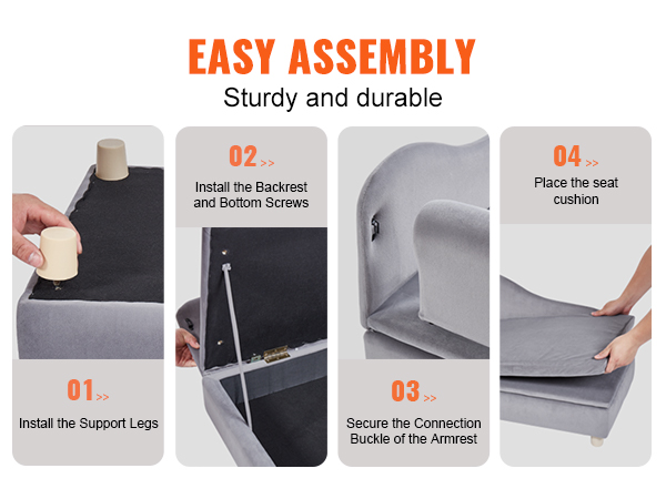 easy assembly guide for the VEVOR pet sofa, featuring steps to install legs, screws, and cushion.