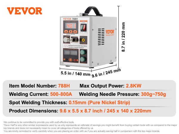 VEVOR battery spot welder 788h specifications and accessories, including dimensions and power output.