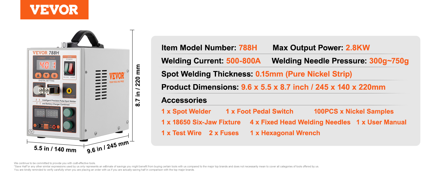 VEVOR battery spot welder 788h specifications and accessories, including dimensions and power output.