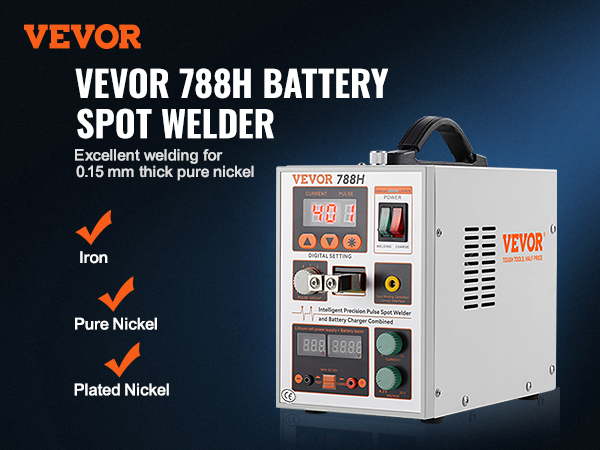 VEVOR 788h battery spot welder with digital settings, excellent for pure and plated nickel, and iron.