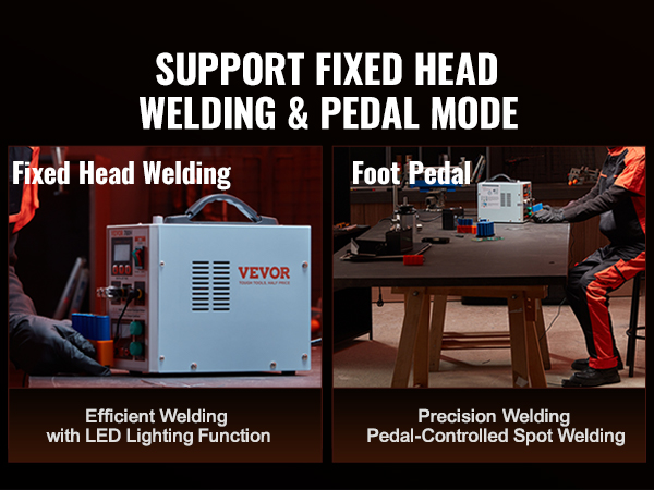 VEVOR battery spot welder supports fixed head welding and pedal mode with led lighting and precision.