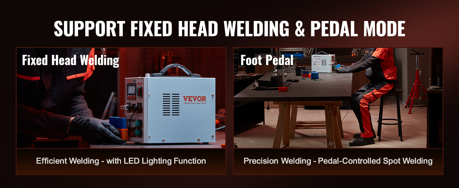 VEVOR battery spot welder supports fixed head welding and pedal mode with led lighting and precision.