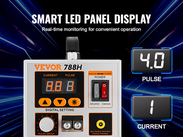 VEVOR battery spot welder with smart led panel, showing current and pulse settings on a sleek display.
