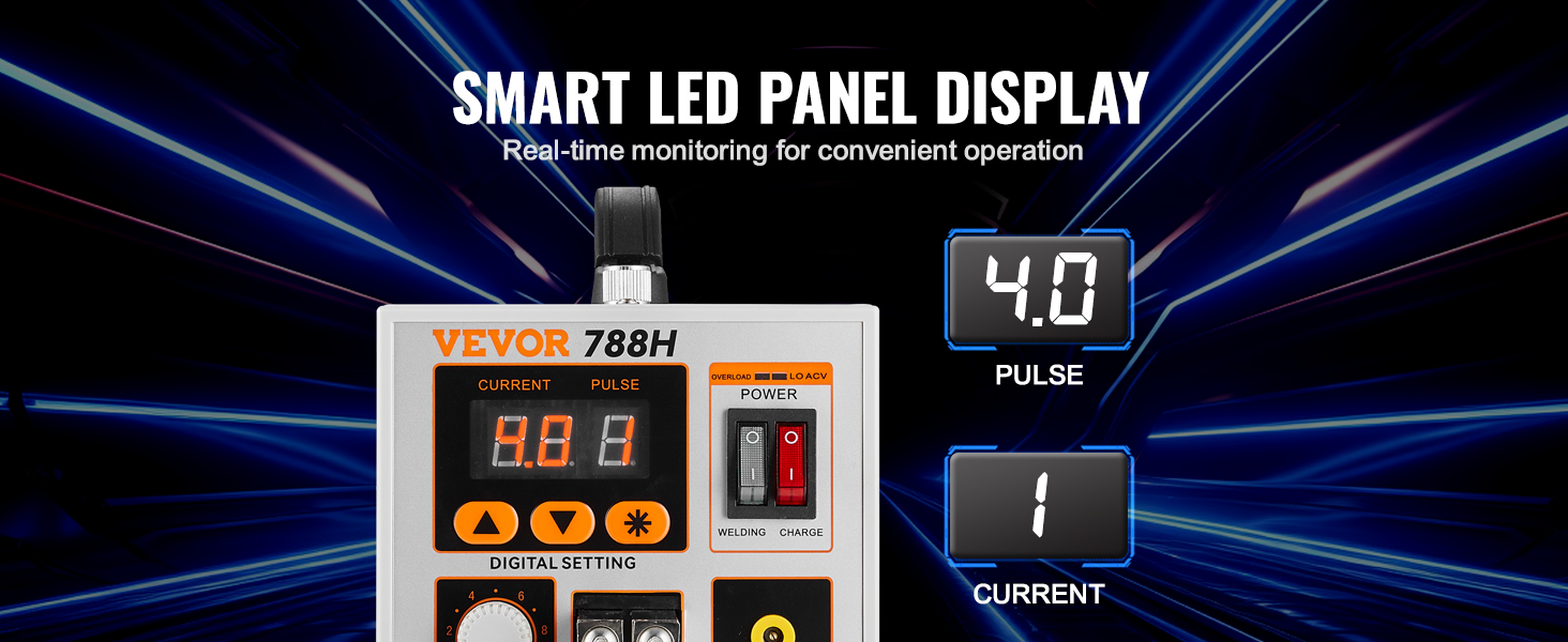 VEVOR battery spot welder with smart led panel, showing current and pulse settings on a sleek display.