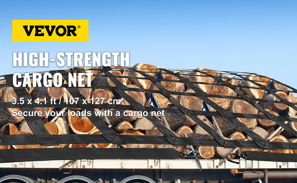 high-strength VEVOR cargo net securing logs on a truck, 3.5x4.1 ft, 107x127 cm.