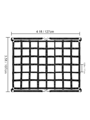 VEVOR cargo net with a grid pattern, measuring 4.1ft x 3.5ft, durable black material.