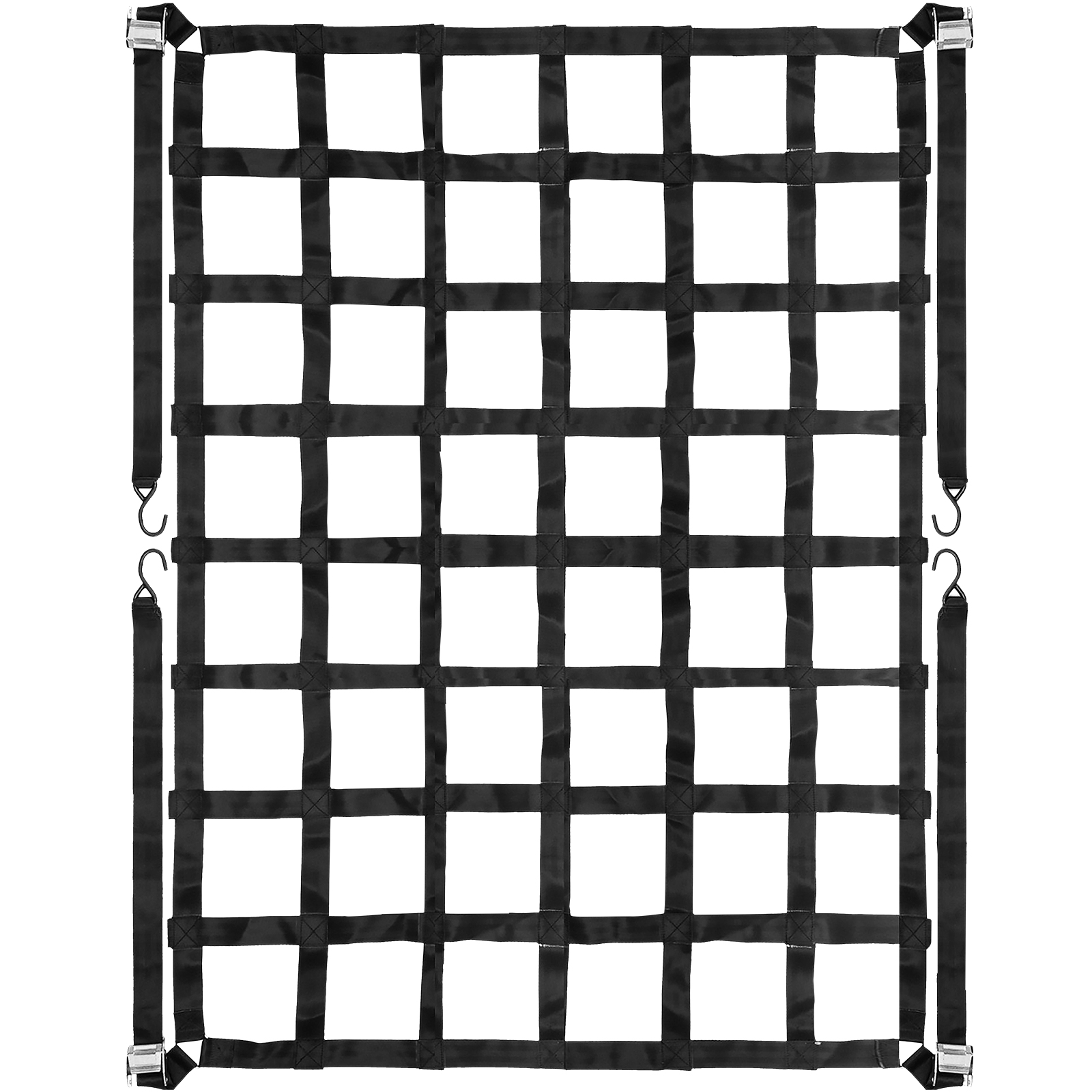 black VEVOR cargo net with square mesh design and adjustable straps with hooks.
