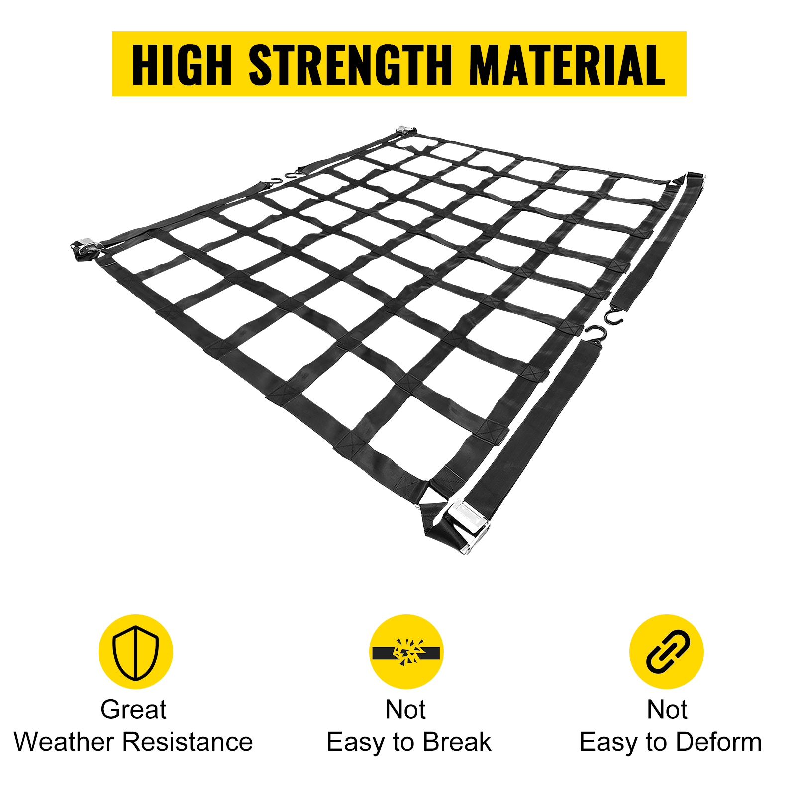 VEVOR cargo net: high strength material, weather-resistant, durable, not easy to deform.