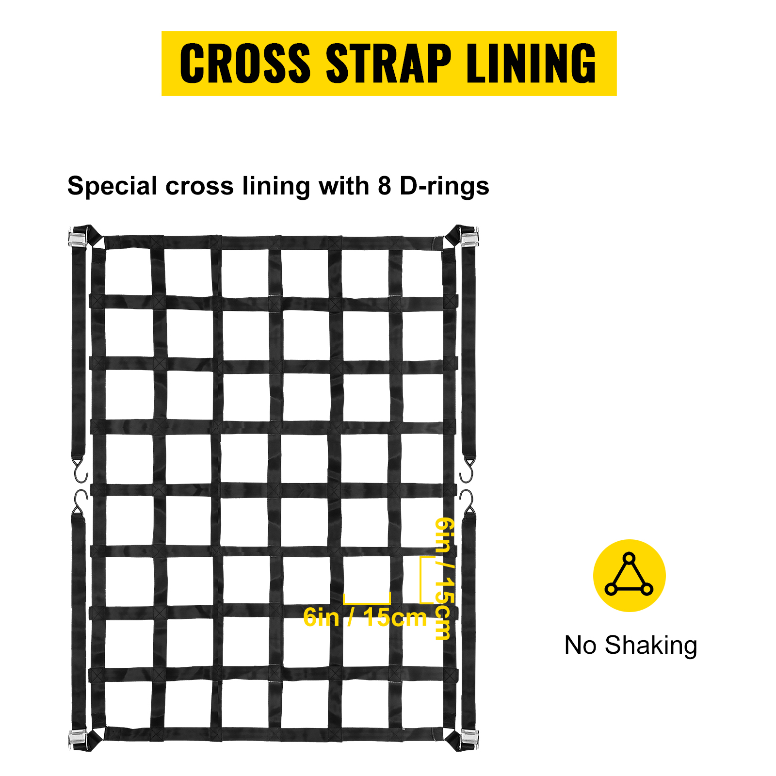 VEVOR cargo net with 8 d-rings, cross strap lining, 15cm grid, no shaking.