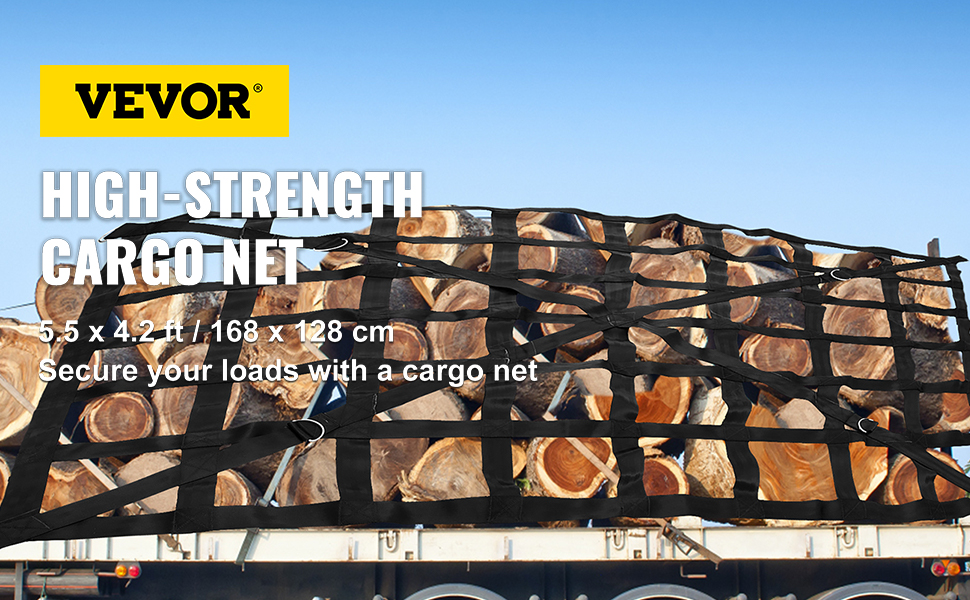 VEVOR cargo net securing a load of wooden logs on a truck under a clear blue sky.