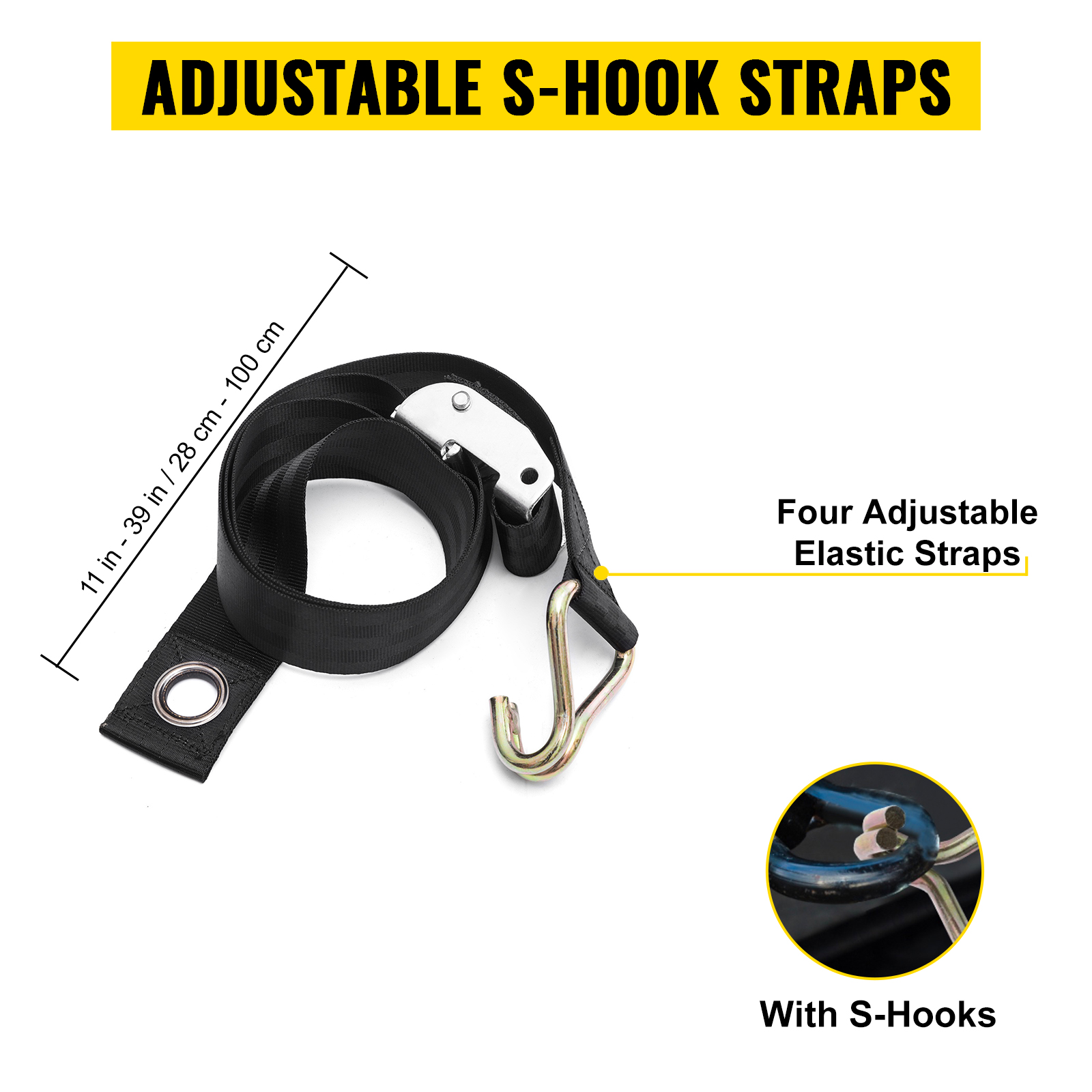 adjustable s-hook straps with four elastic straps for VEVOR cargo net, 11-39 inches.