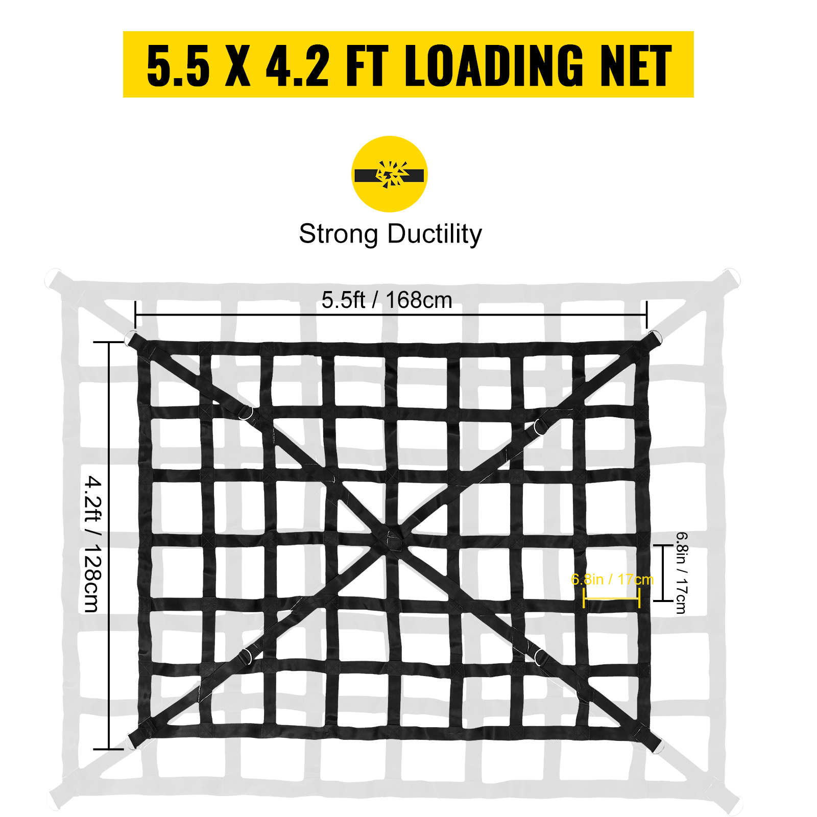VEVOR cargo net, 5.5 x 4.2 ft, strong ductility, black grid pattern, dimensions shown.