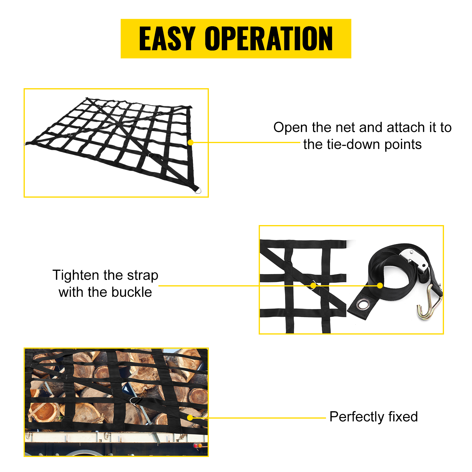 VEVOR cargo net demonstrating easy installation and secure attachment.