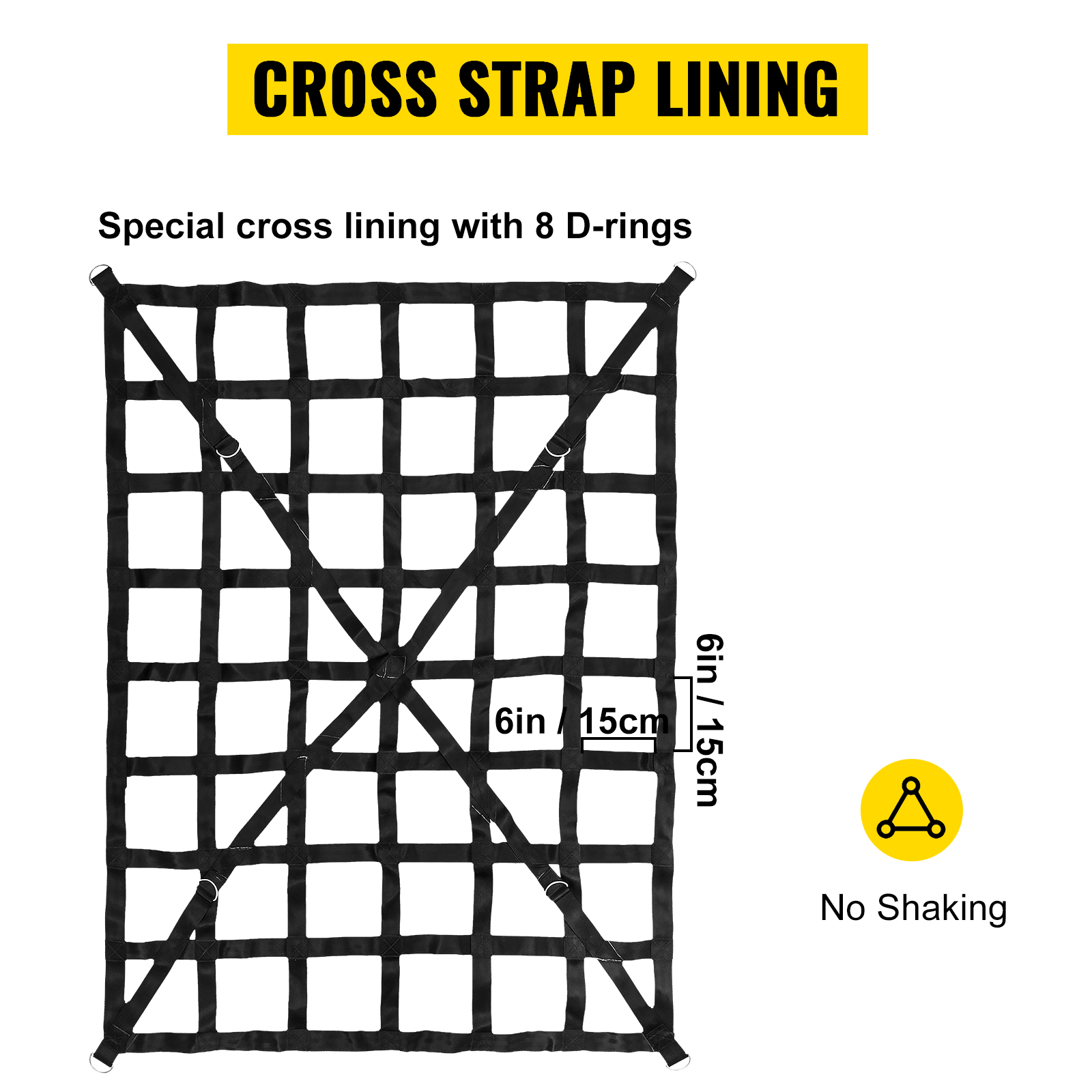 VEVOR cargo net with cross strap lining, 8 d-rings, 6in x 6in grid.