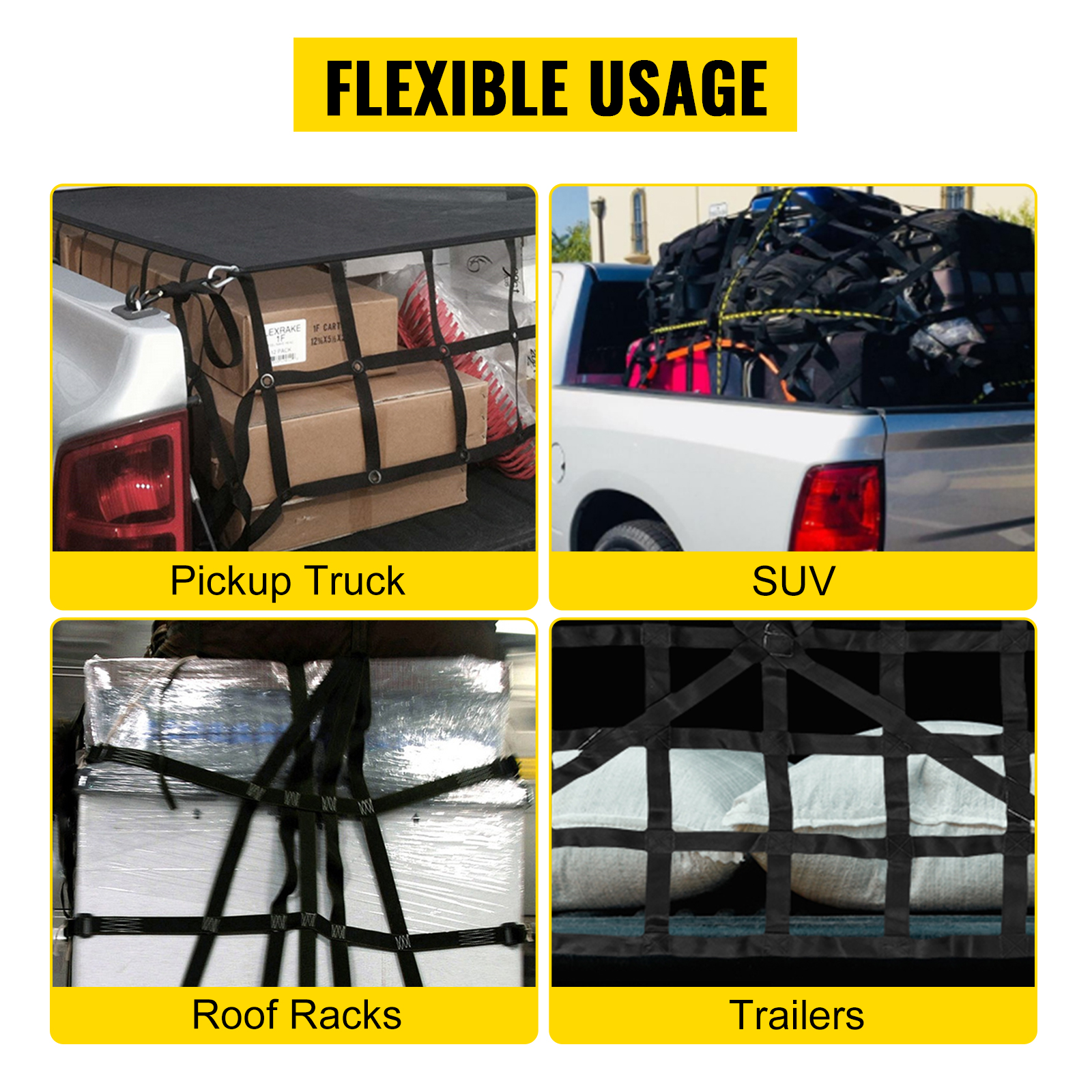 VEVOR cargo net used on pickup truck, suv, roof racks, and trailers for flexible usage.