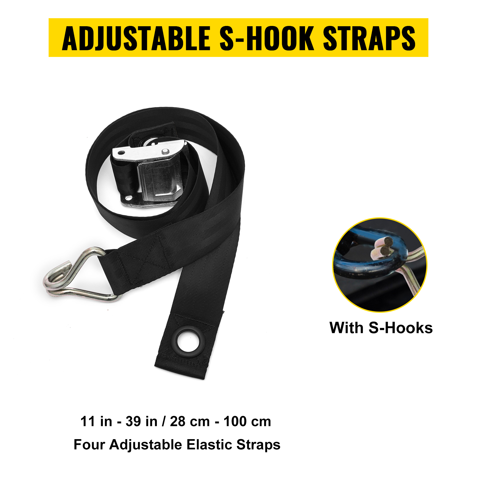 VEVOR cargo net adjustable s-hook straps, 11-39 in, elastic, black.