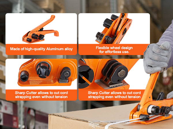 VEVOR banding strapping kit with aluminum alloy, flexible wheel design, stabilizing teeth, sharp cutter.