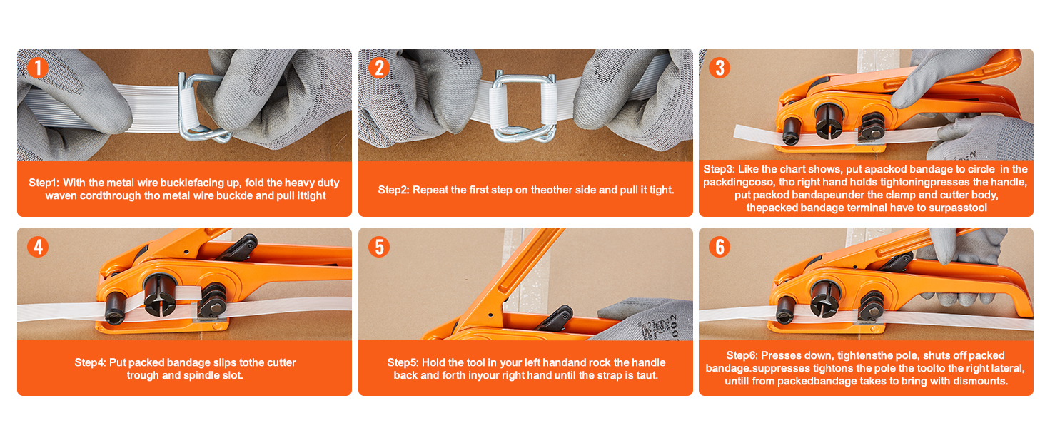 steps to use VEVOR banding strapping kit: threading, tightening, and securing package with straps.