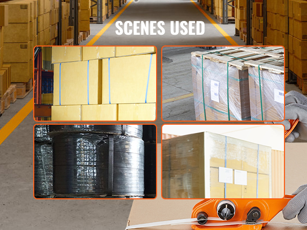 warehouse packaging scenes with VEVOR banding strapping kit in use.