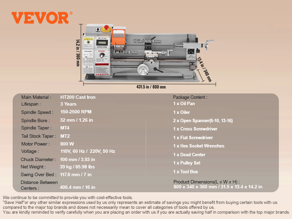 VEVOR mini metal lathe with dimensions, spindle speed, and technical specs side-by-side on beige background.