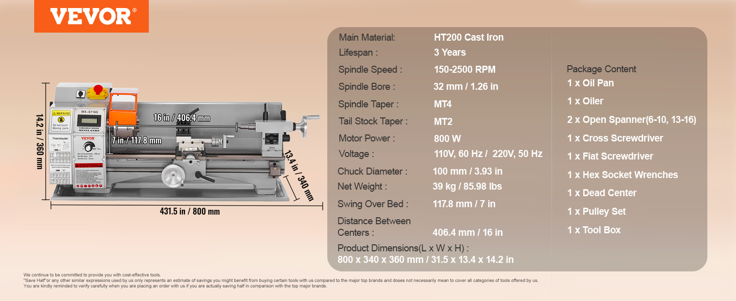 VEVOR mini metal lathe with dimensions, spindle speed, and technical specs side-by-side on beige background.