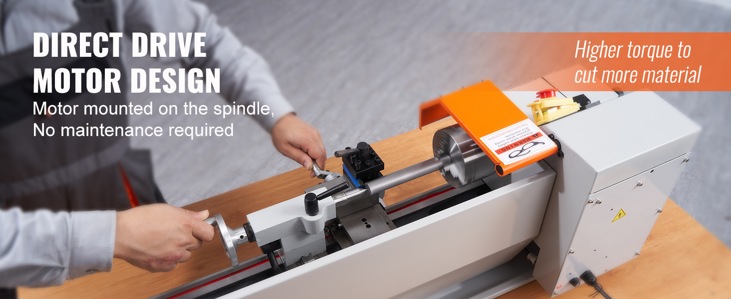 Мини-токарный станок по металлу VEVOR с двигателем прямого привода обеспечивает более высокий крутящий момент и не требует технического обслуживания.