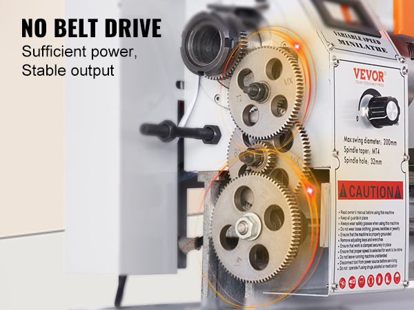 в мини-токарном станке по металлу VEVOR отсутствует механизм ременной передачи с демонстрацией зубчатых колес и предупреждающей надписью для уменьшения потери ремня.