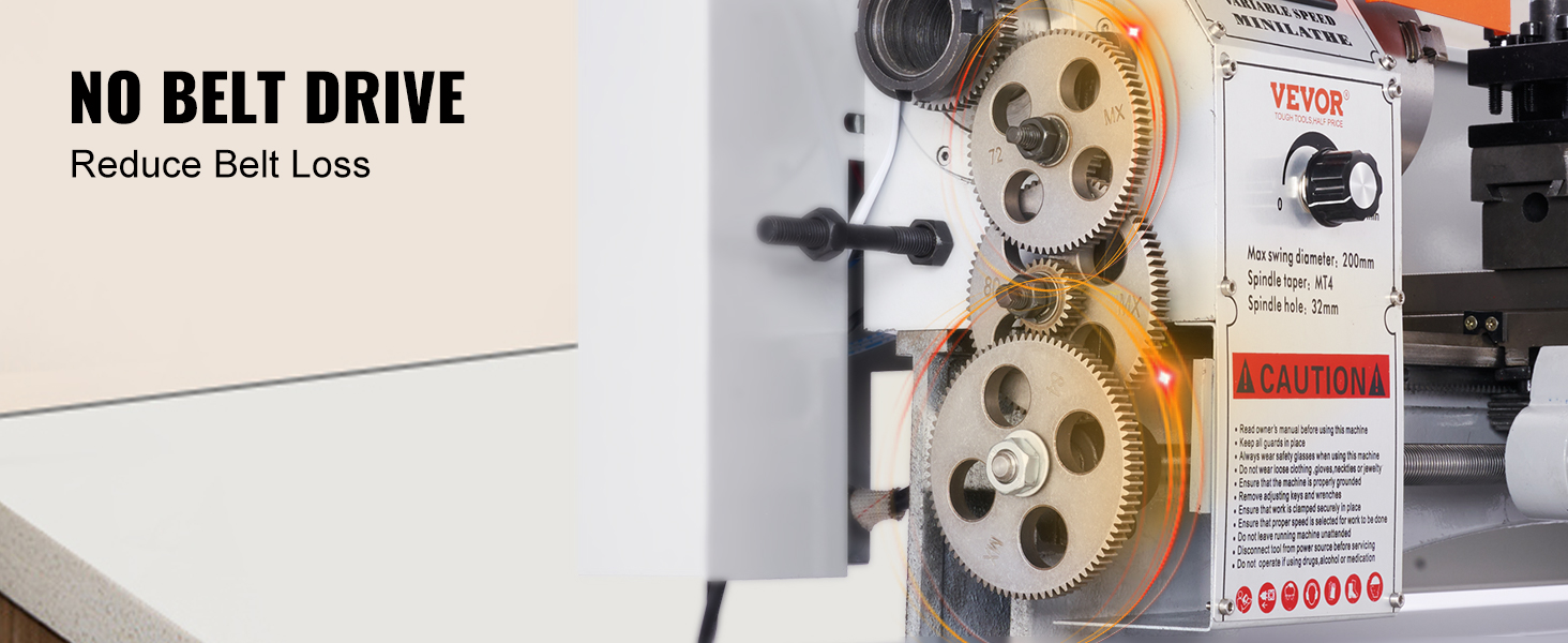 в мини-токарном станке по металлу VEVOR отсутствует механизм ременной передачи с демонстрацией зубчатых колес и предупреждающей надписью для уменьшения потери ремня.