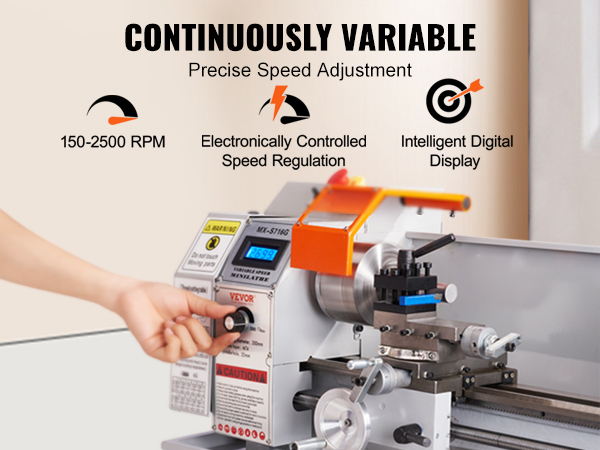 Мини-токарный станок по металлу VEVOR с интеллектуальным цифровым дисплеем и точной регулировкой частоты вращения в диапазоне 150-2500 об/мин.