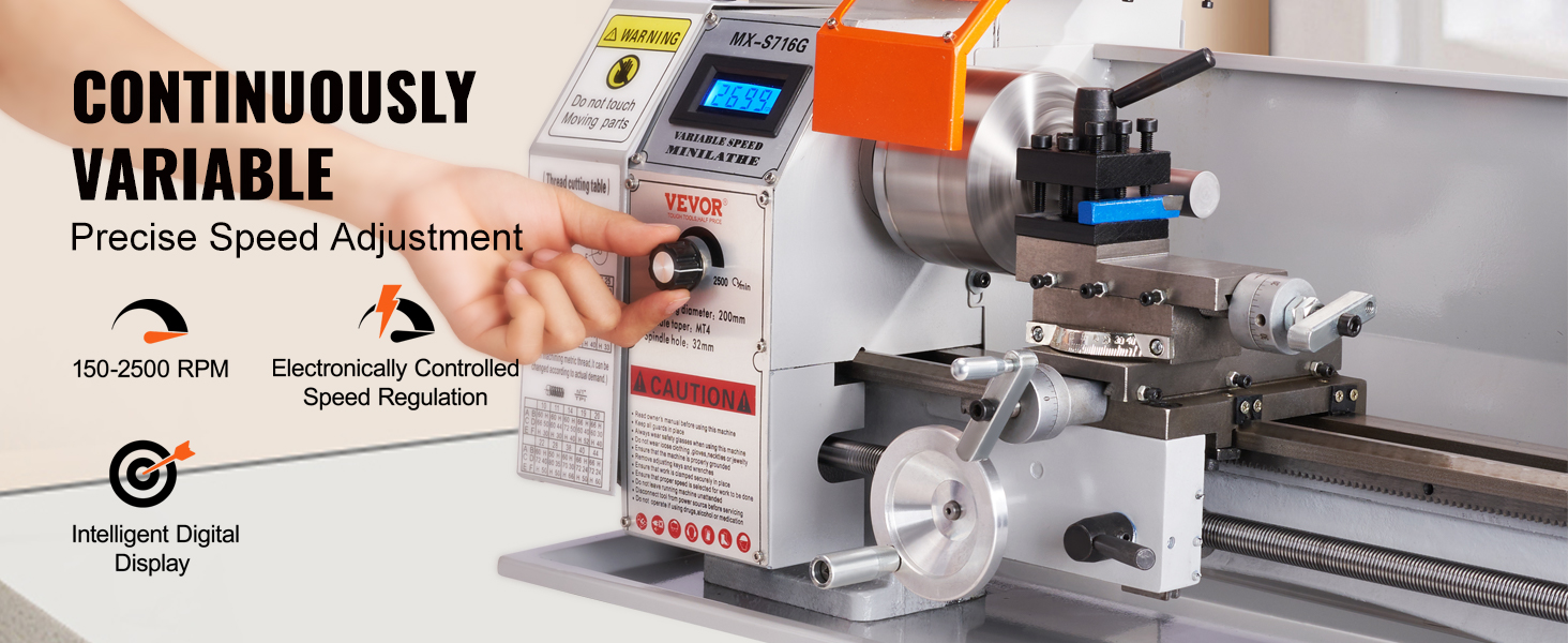 Мини-токарный станок по металлу VEVOR с интеллектуальным цифровым дисплеем и точной регулировкой частоты вращения в диапазоне 150-2500 об/мин.
