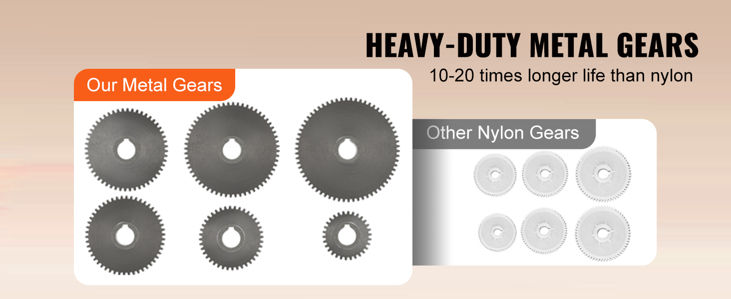 сравнение долговечности сверхпрочных металлических зубчатых колес и нейлоновых зубчатых колес для мини-токарного станка по металлу VEVOR.