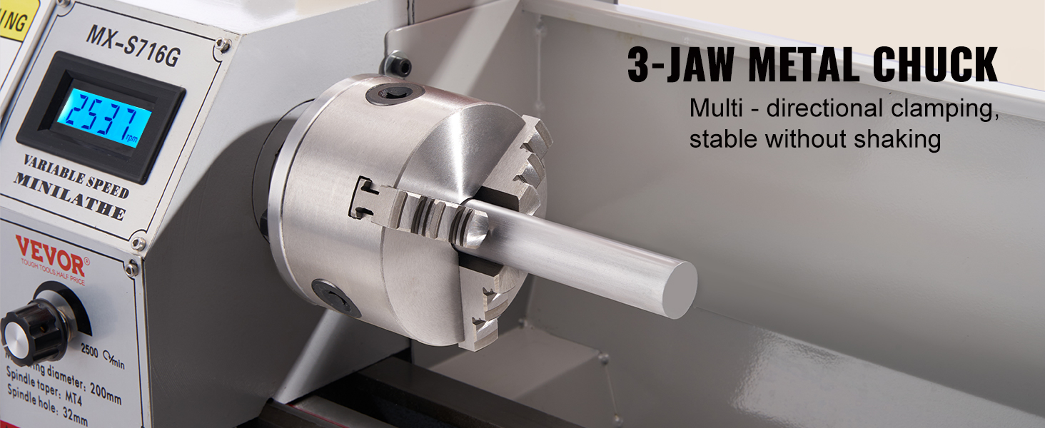 Мини-токарный станок VEVOR по металлу с 3-кулачковым металлическим патроном, демонстрирующий разнонаправленный зажим и стабильность.
