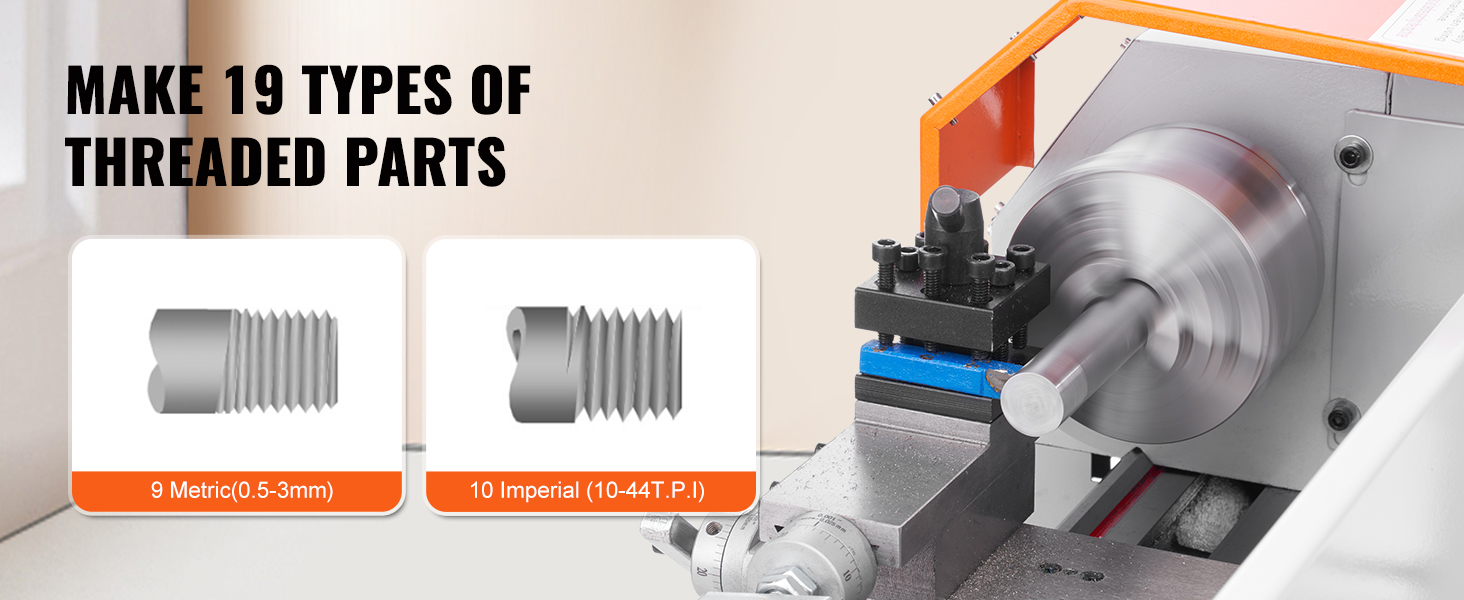 Мини-токарный станок VEVOR по металлу с высокой точностью нарезает резьбу на 9 метрических и 10 имперских деталях.