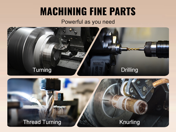 Мини-токарный станок по металлу VEVOR, выполняющий токарную обработку, сверление, наточку резьбы и накатку для тонкой обработки деталей.