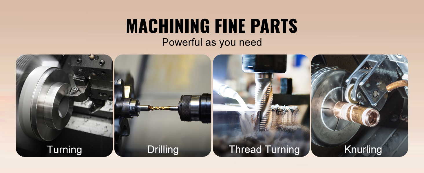 Мини-токарный станок по металлу VEVOR, выполняющий токарную обработку, сверление, наточку резьбы и накатку для тонкой обработки деталей.
