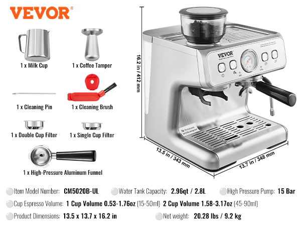 VEVOR espresso machine cm5020b-ul with milk cup, coffee tamper, high-pressure pump, and accessories.