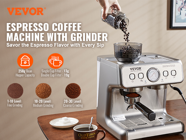 VEVOR espresso machine with grinder on table, coffee beans pouring in, pastries and coffee beside.