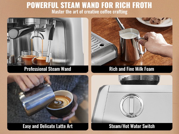 VEVOR espresso machine with steam wand, perfect for frothy milk, latte art, and rich coffee.