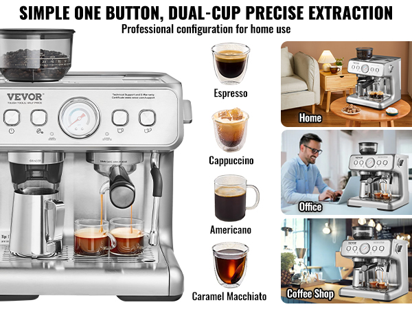 VEVOR espresso machine offering dual-cup extraction, perfect for making espresso, cappuccino, and more.