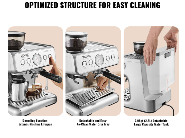 VEVOR espresso machine with descaling function, removable drip tray, and large detachable water tank.