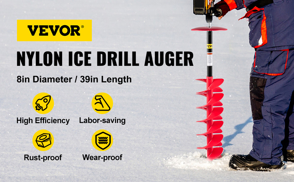 VEVOR ice drill auger with 8in diameter and 39in length, highlighting key features.