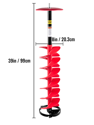 VEVOR ice drill auger, 39in long, 8in diameter, red blades and black handle.