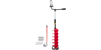 red VEVOR ice drill auger with accessories including handle, screws, and blade.