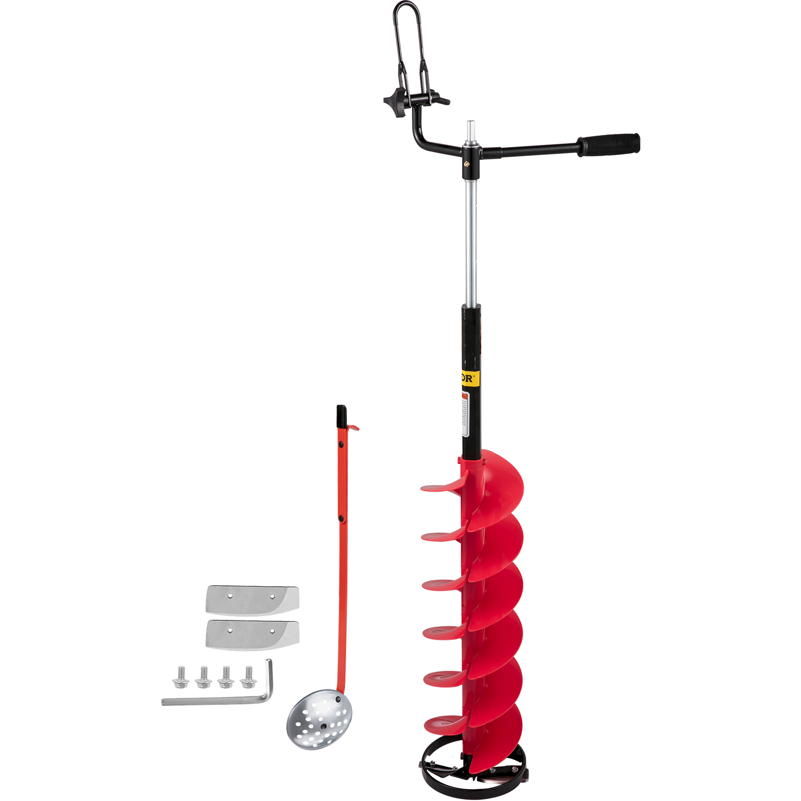 red VEVOR ice drill auger with manual handle, scoop, and extra drill bits.
