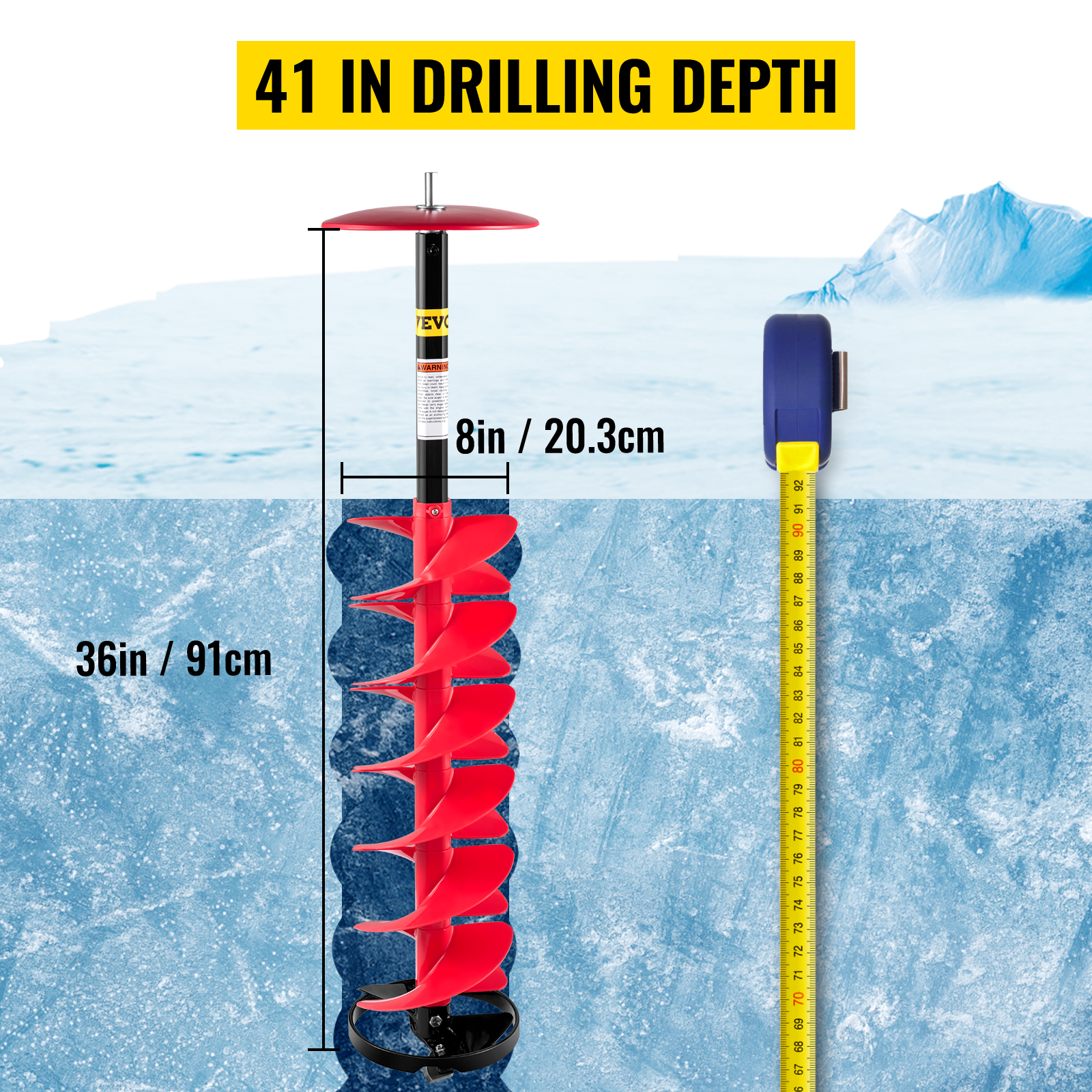 VEVOR ice drill auger with 41in drilling depth, 8in diameter, and measuring tape on ice.