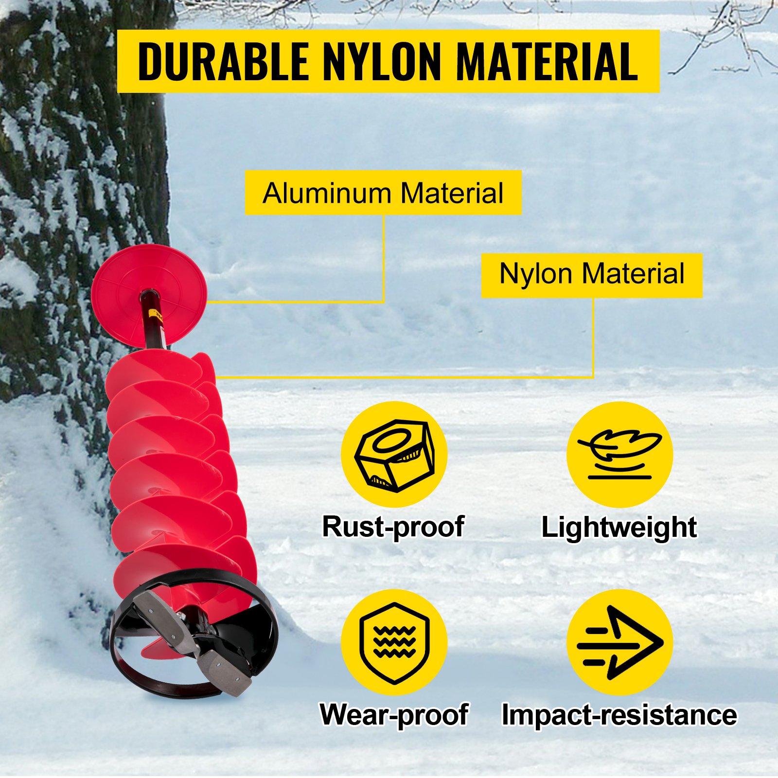 VEVOR ice drill auger showcasing durable nylon material, rust-proof, lightweight, wear-proof.
