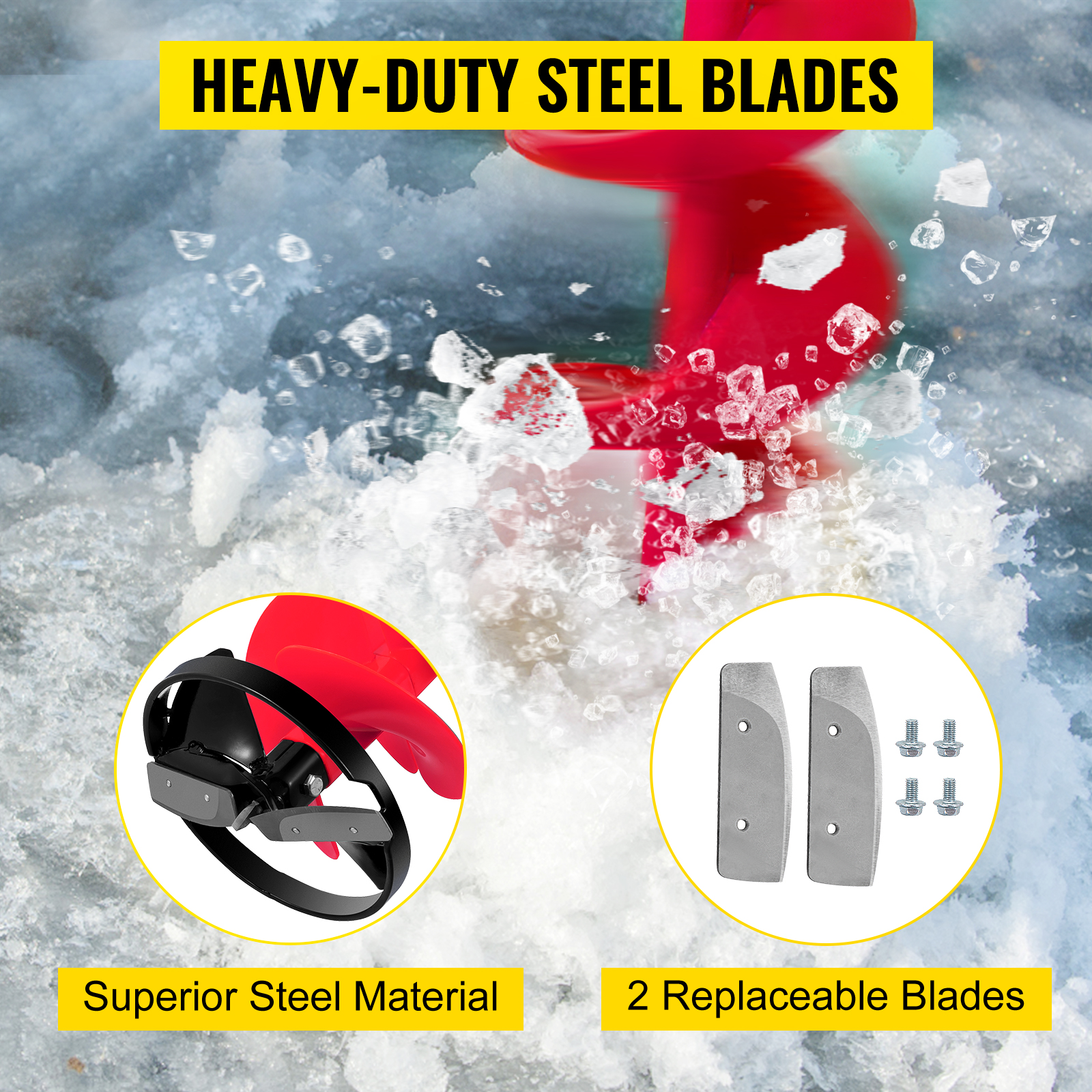 VEVOR ice drill auger with heavy-duty steel blades and replaceable parts.
