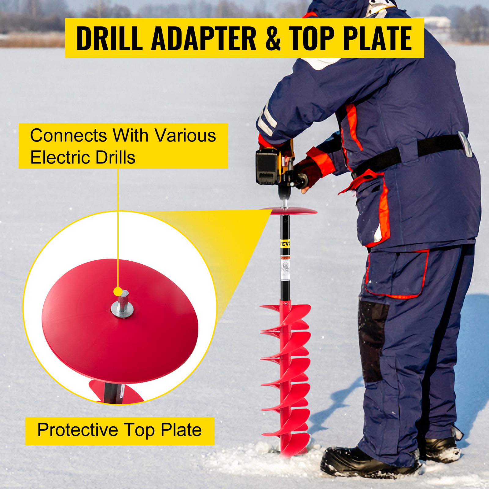 person using VEVOR ice drill auger with electric drill and protective top plate.